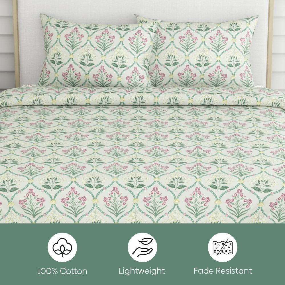 Green Blossom, 100% Cotton Double Size Bedsheet, 186 TC