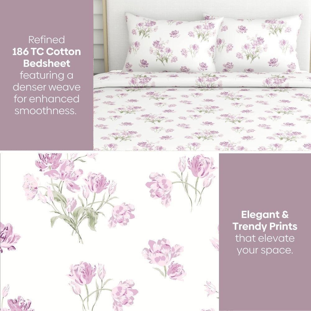 Lilac Dream 100% Cotton Double Bedsheet, 186TC - Bedsheets | haus & kinder
