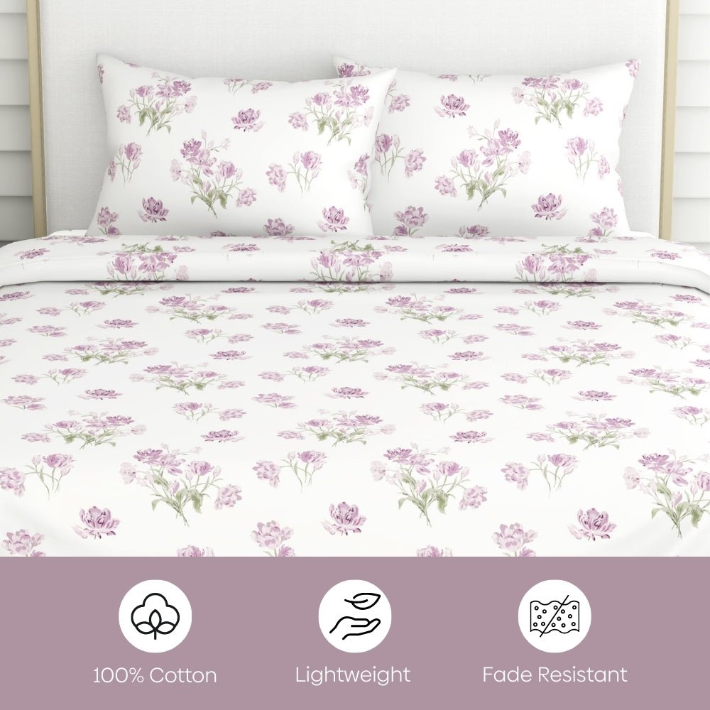 Lilac Dream 100% Cotton Double Bedsheet, 186TC - Bedsheets | haus & kinder