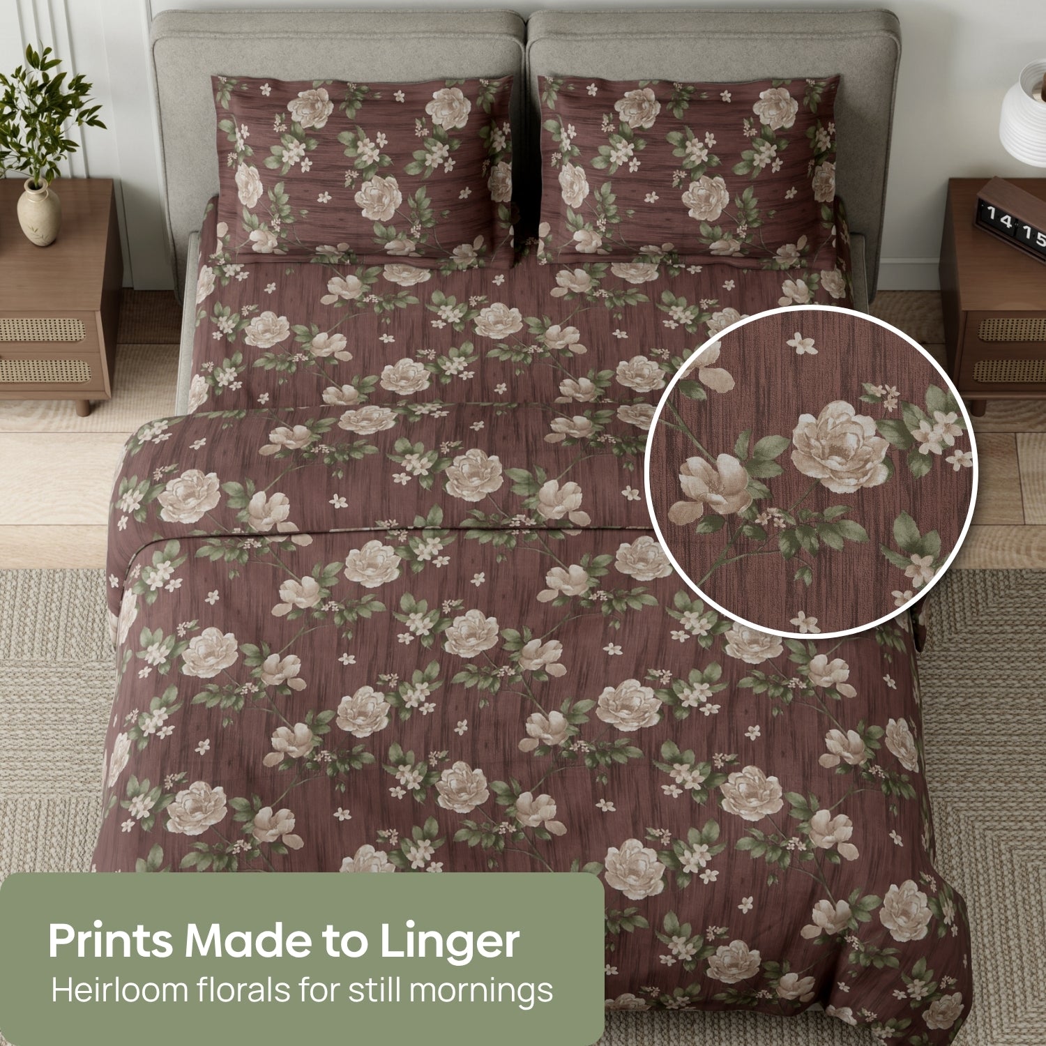 Rose Cascade 100% Cotton Double Flat Bedsheet,Mauve - 144 TC - Bedsheets | haus & kinder