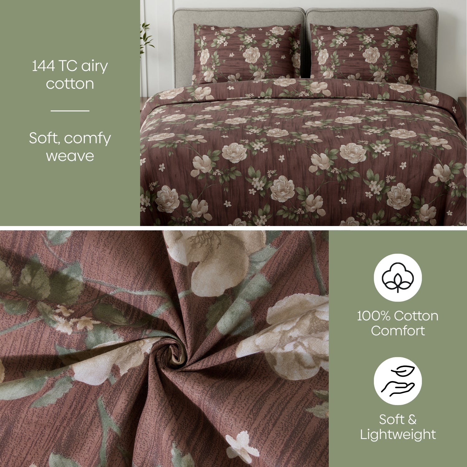Rose Cascade 100% Cotton Double Flat Bedsheet,Mauve - 144 TC - Bedsheets | haus & kinder