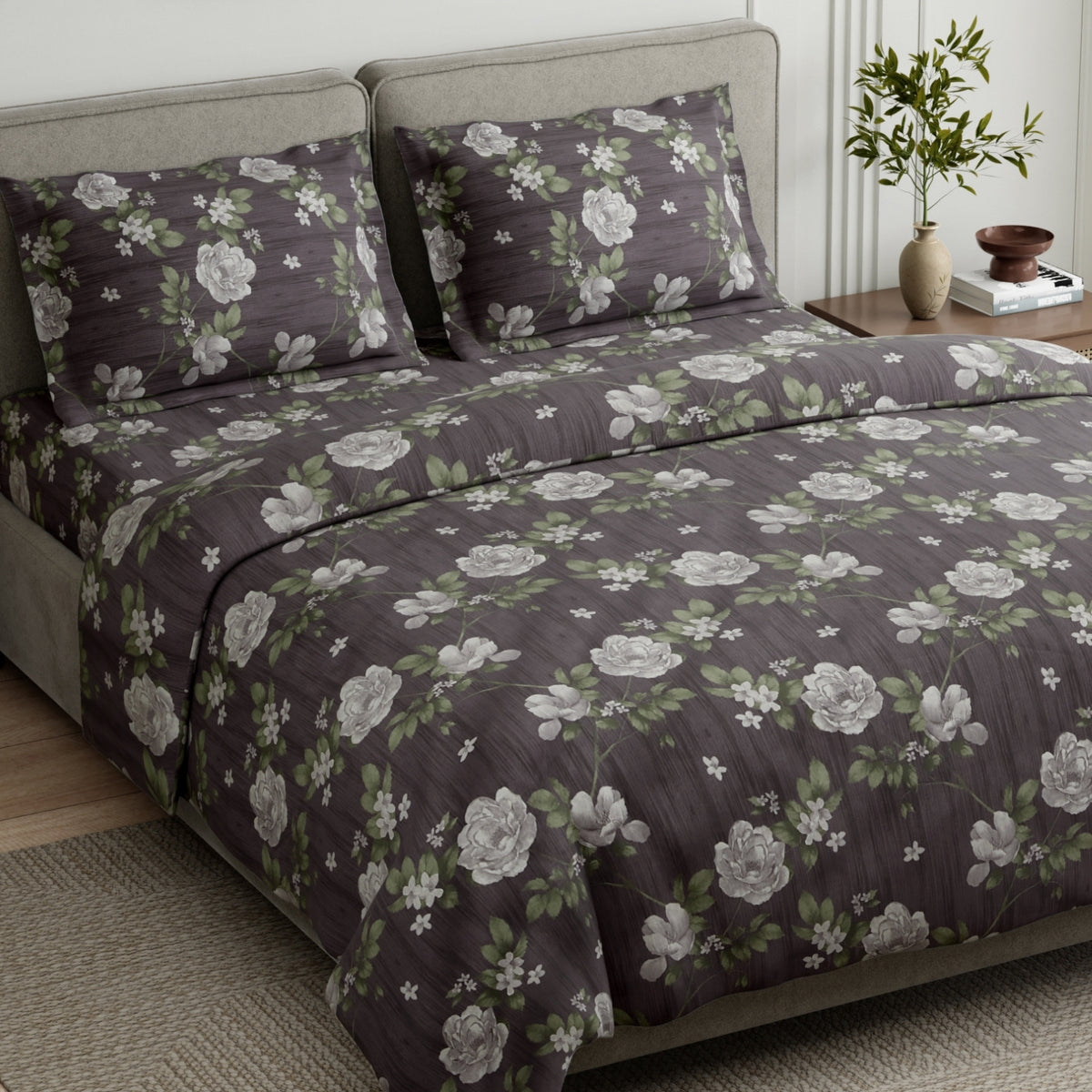 Rose Cascade 100% Cotton Double Flat Bedsheet, Charcoal Gray - 144 TC - Bedsheets | haus & kinder