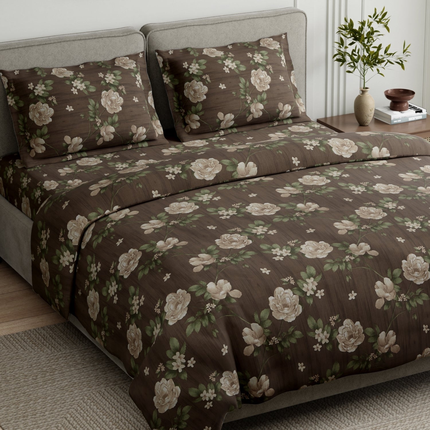 Rose Cascade 100% Cotton Double Flat Bedsheet, Taupe Brown - 144 TC - Bedsheets | haus & kinder