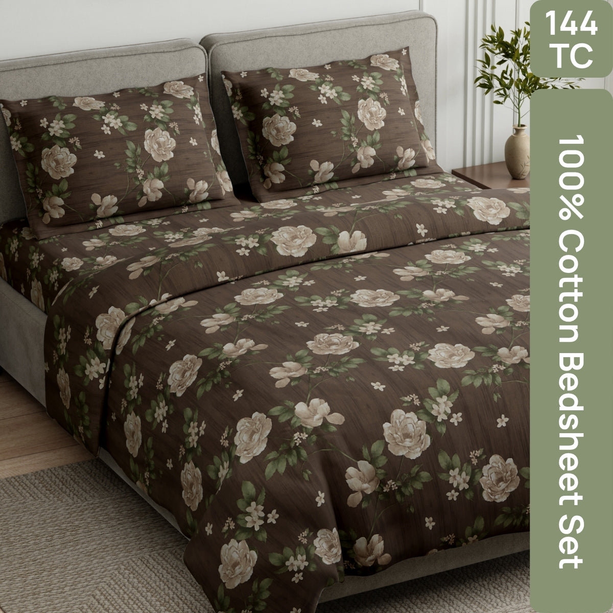Rose Cascade 100% Cotton Double Flat Bedsheet, Taupe Brown - 144 TC - Bedsheets | haus & kinder