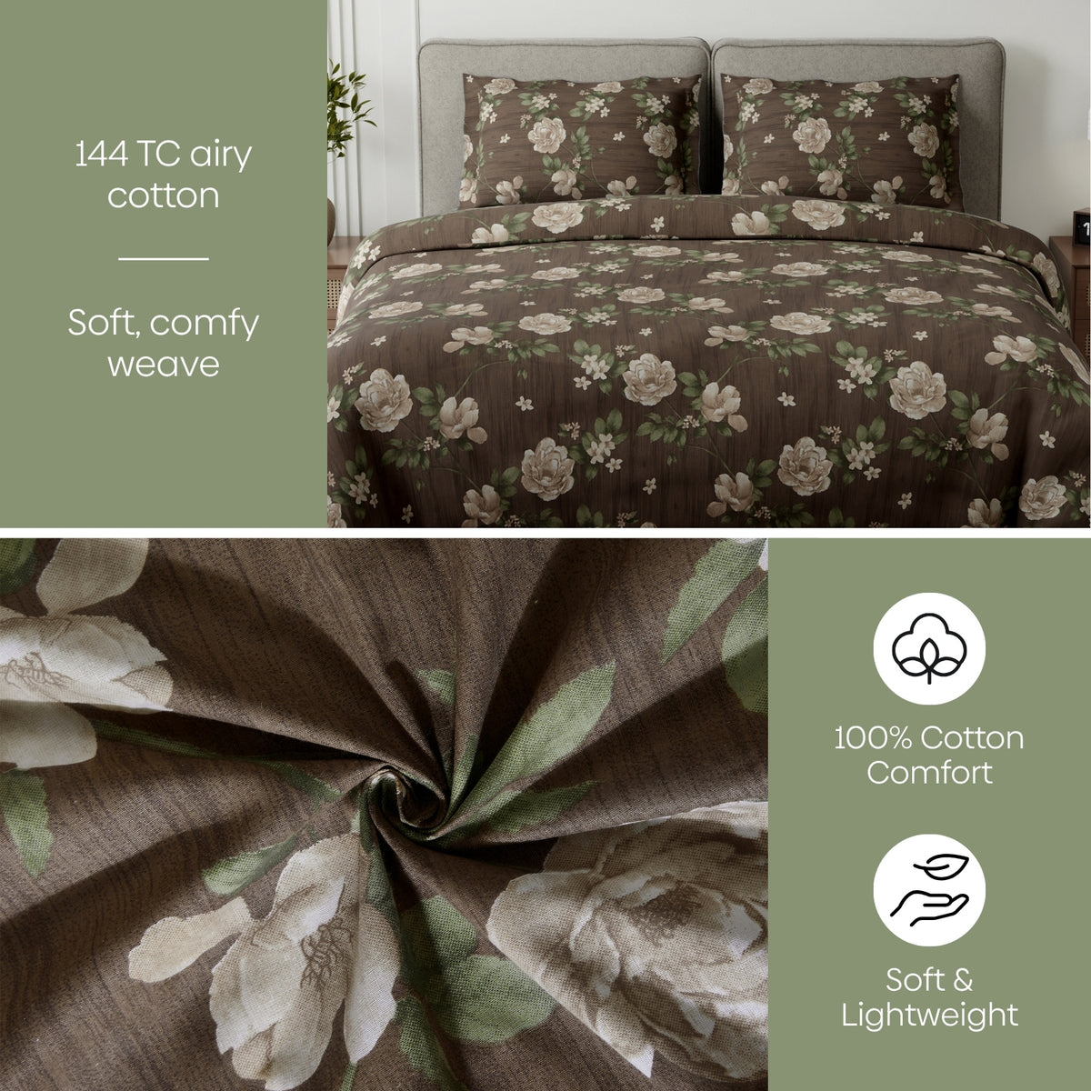 Rose Cascade 100% Cotton Double Flat Bedsheet, Taupe Brown - 144 TC - Bedsheets | haus & kinder