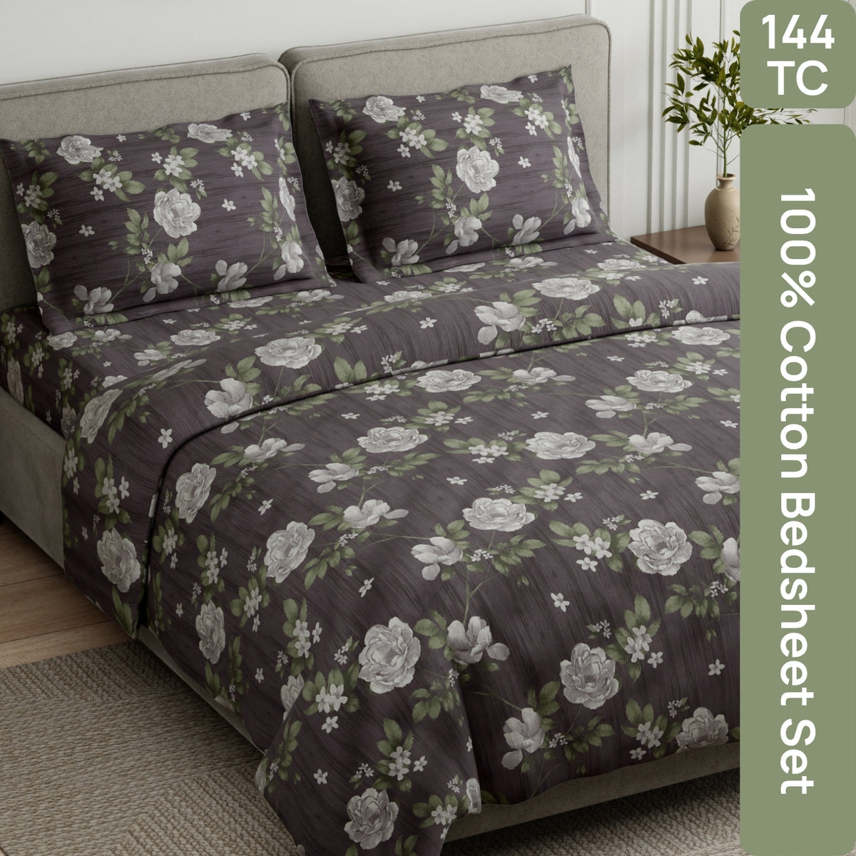 Rose Cascade 100% Cotton Double Flat Bedsheet, Slate Blue - 144 TC - Bedsheets | haus & kinder
