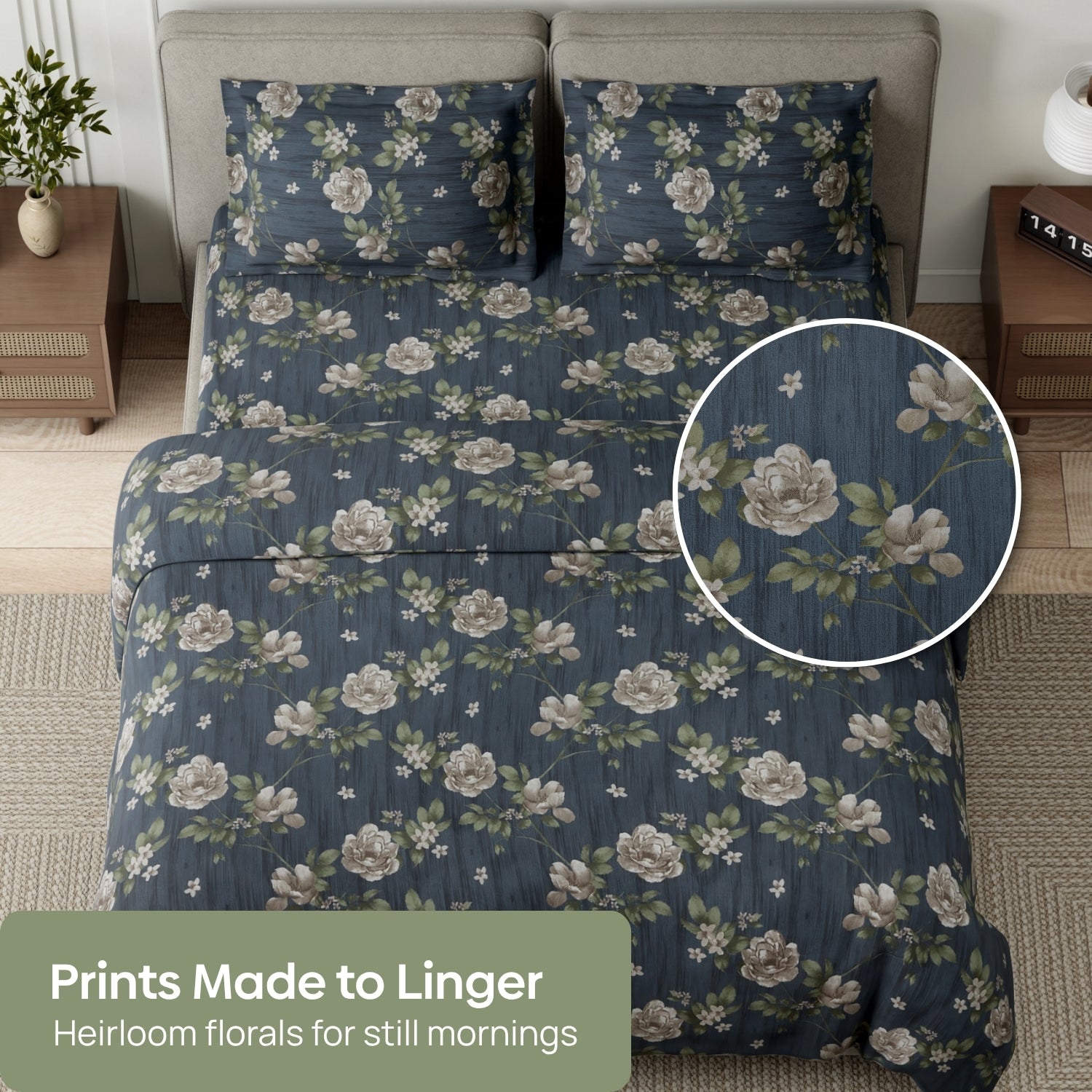 Rose Cascade 100% Cotton Double Flat Bedsheet, Slate Blue - 144 TC - Bedsheets | haus & kinder