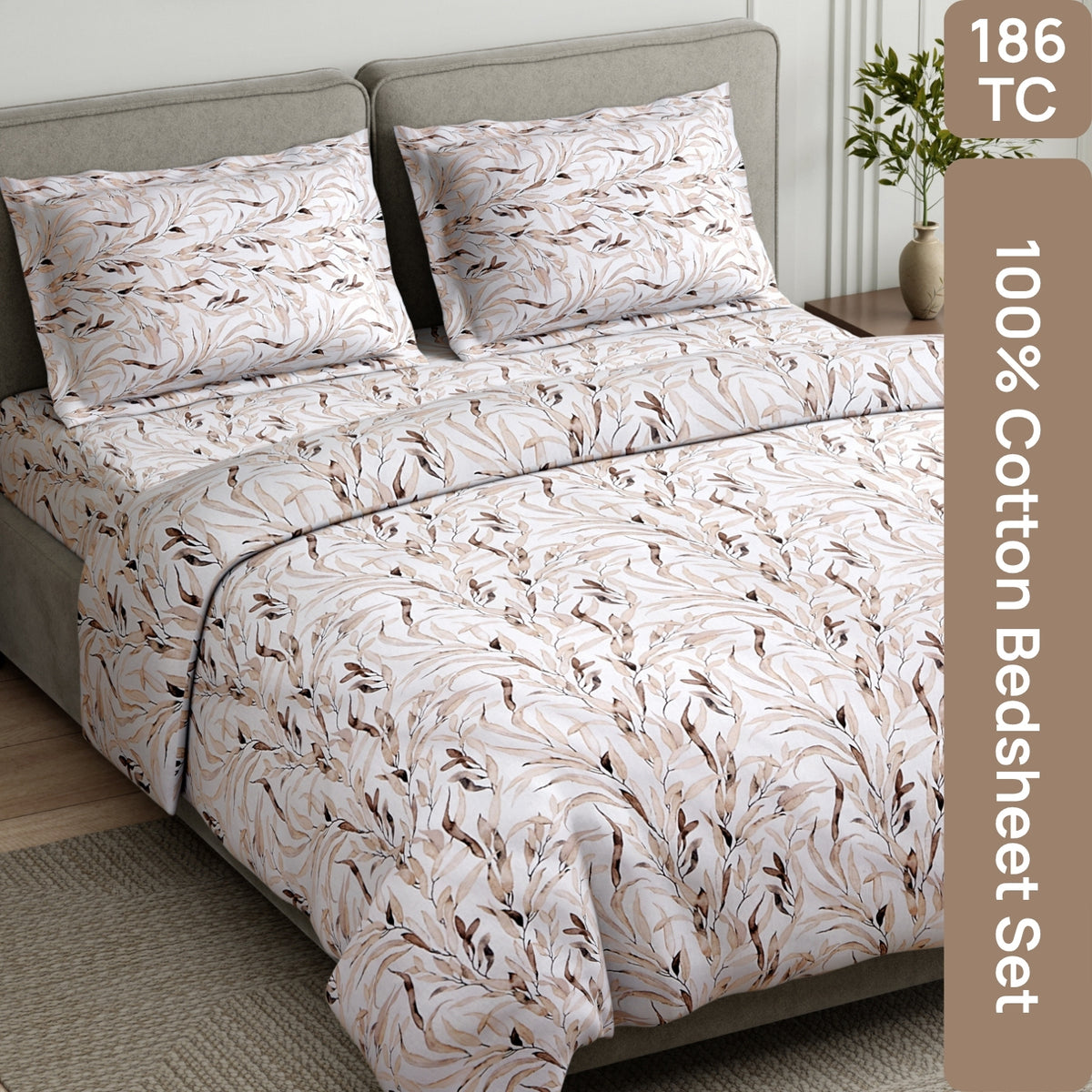 Whispering Willow 100% Cotton Double Flat Bedsheet, Ash Brown - 186 TC - Bedsheets | haus & kinder