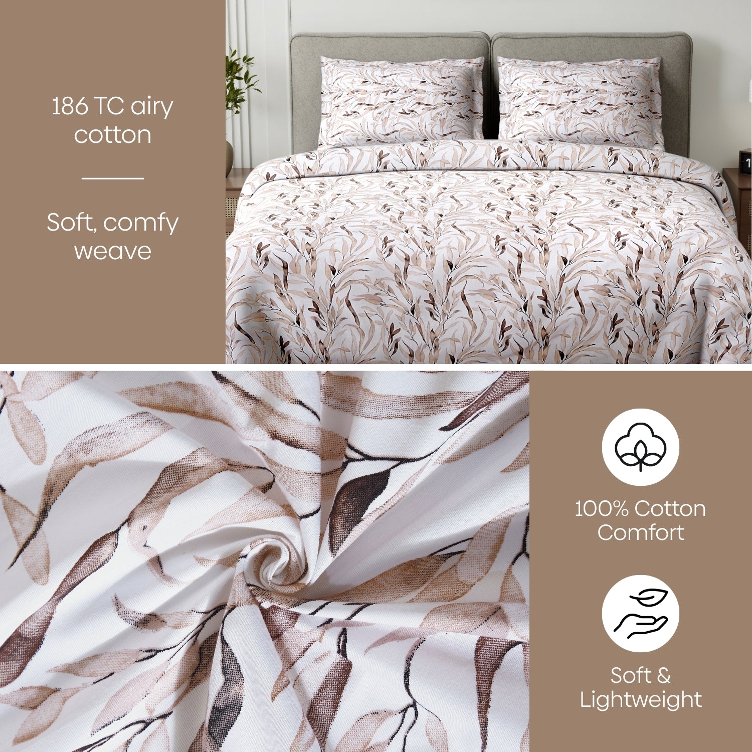 Whispering Willow 100% Cotton Double Flat Bedsheet, Ash Brown - 186 TC - Bedsheets | haus & kinder