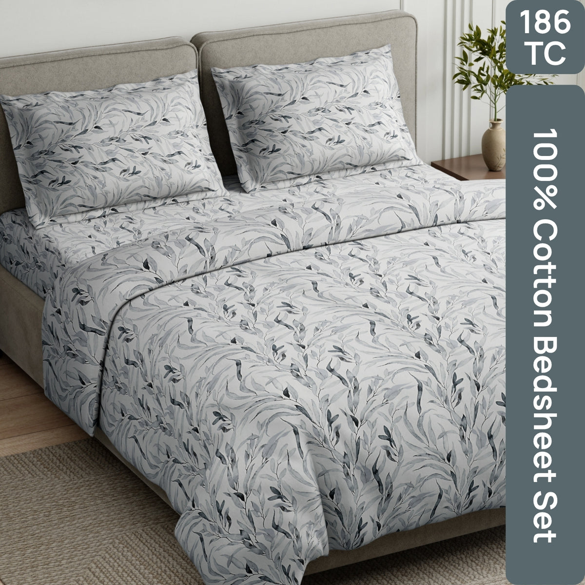 Whispering Willow 100% Cotton Double Flat Bedsheet, Mist Blue - 186 TC - Bedsheets | haus & kinder