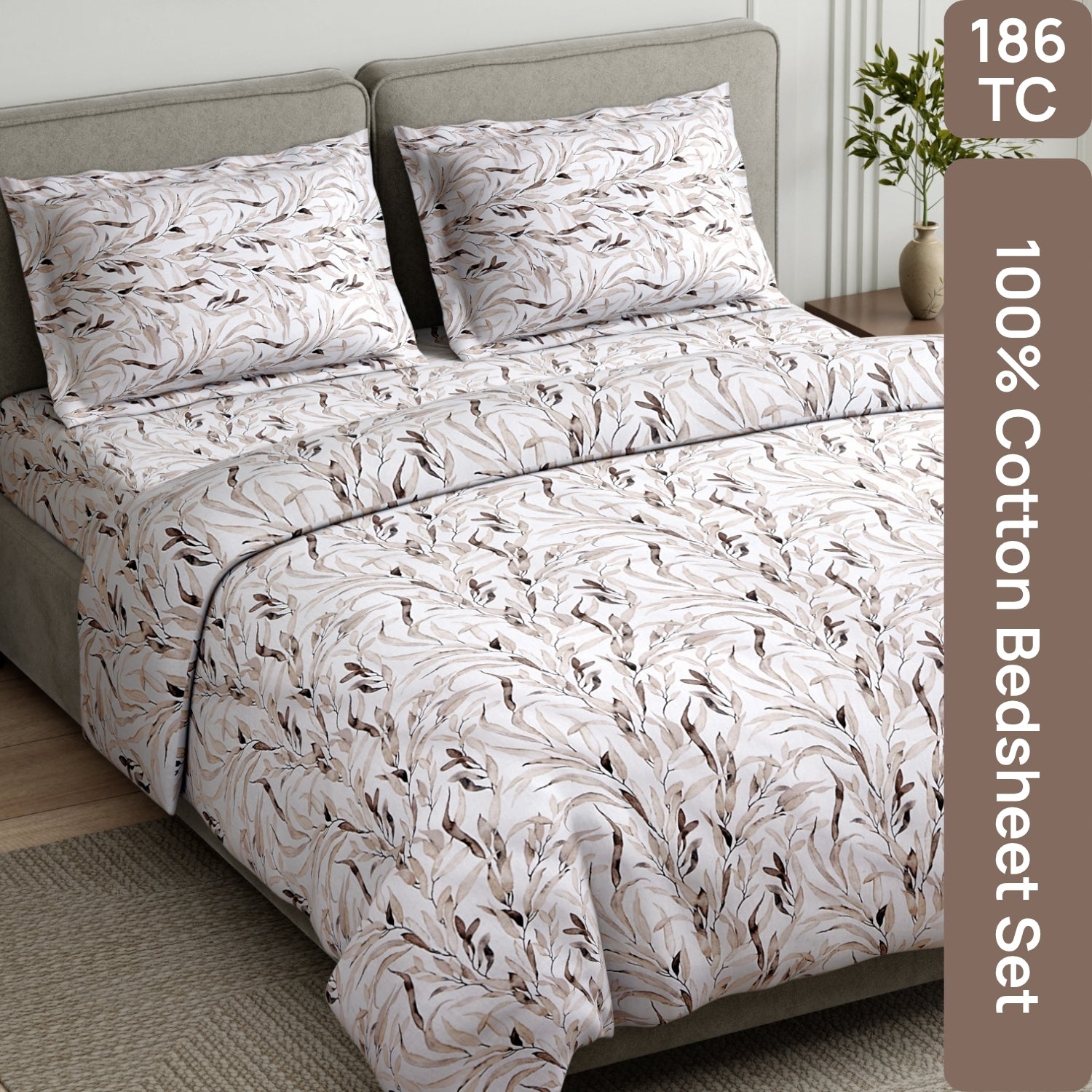 Whispering Willow 100% Cotton Double Flat Bedsheet, Beige - 186 TC - Bedsheets | haus & kinder