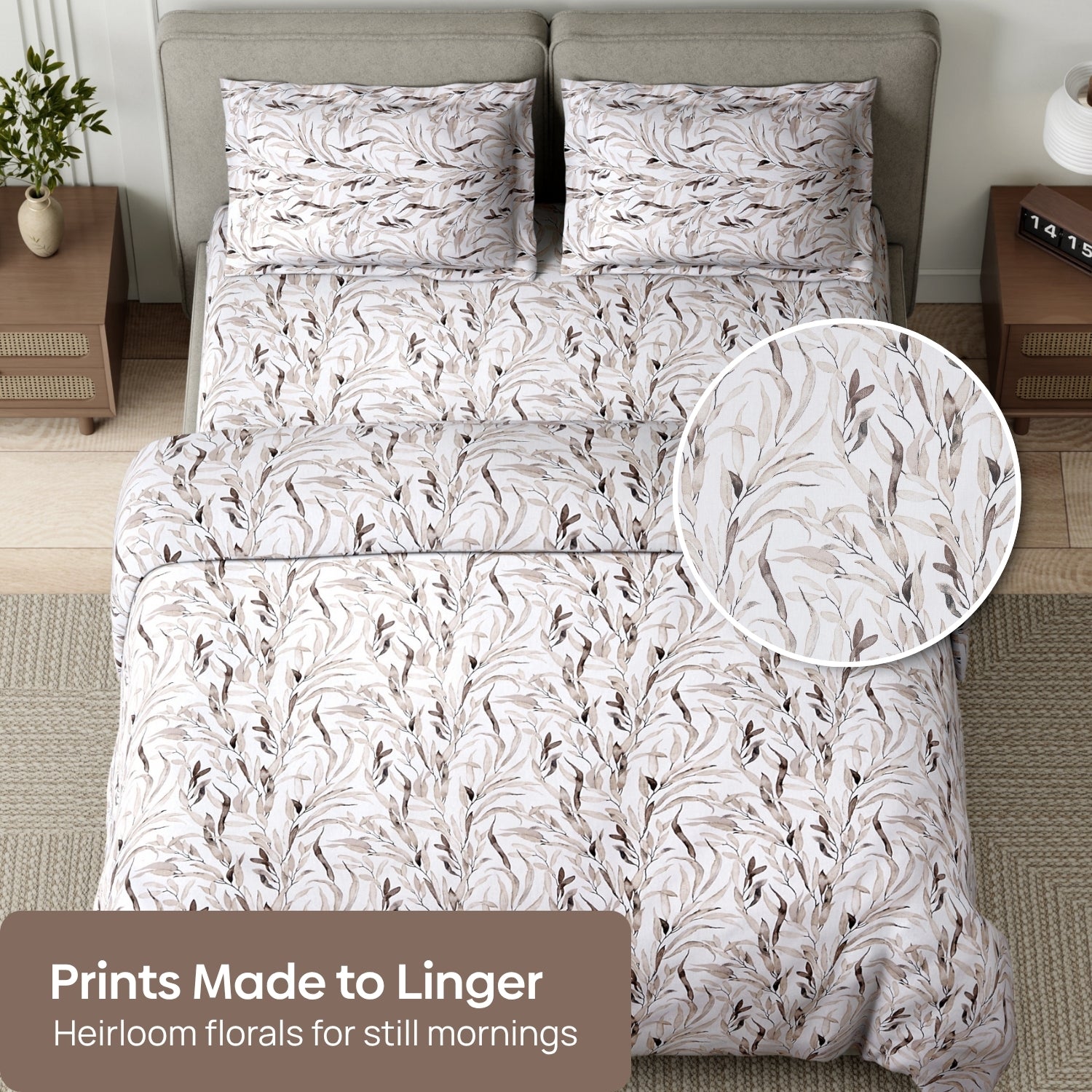 Whispering Willow 100% Cotton Double Flat Bedsheet, Beige - 186 TC - Bedsheets | haus & kinder
