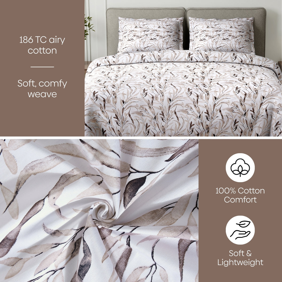 Whispering Willow 100% Cotton Double Flat Bedsheet, Beige - 186 TC - Bedsheets | haus & kinder