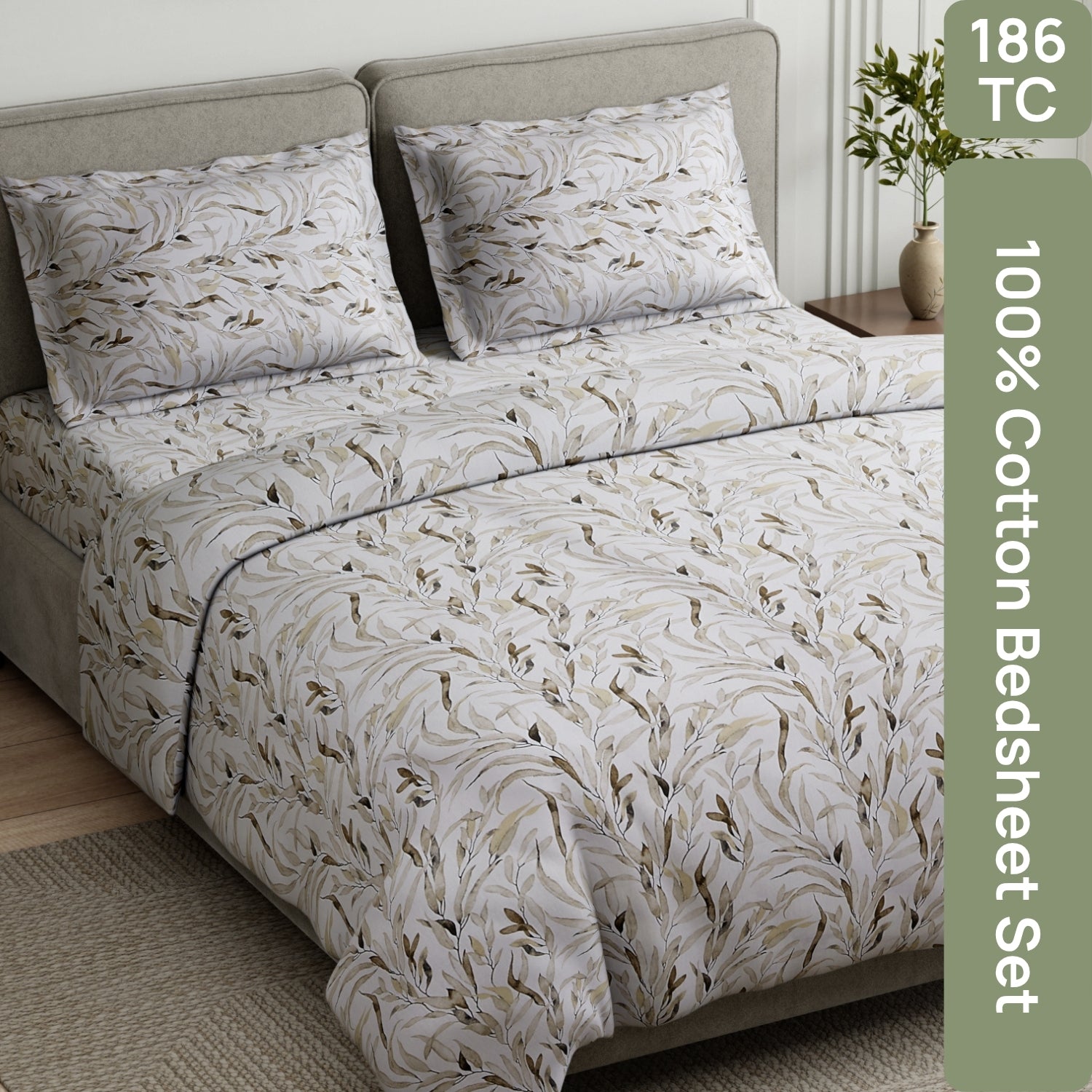 Whispering Willow 100% Cotton Double Flat Bedsheet, Soft Mocha - 186 TC - Bedsheets | haus & kinder