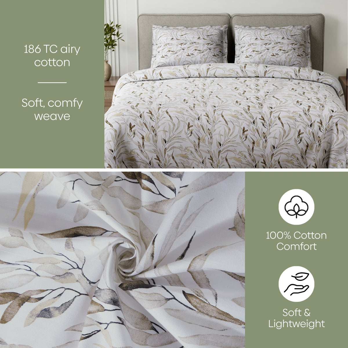 Whispering Willow 100% Cotton Double Flat Bedsheet, Soft Mocha - 186 TC - Bedsheets | haus & kinder