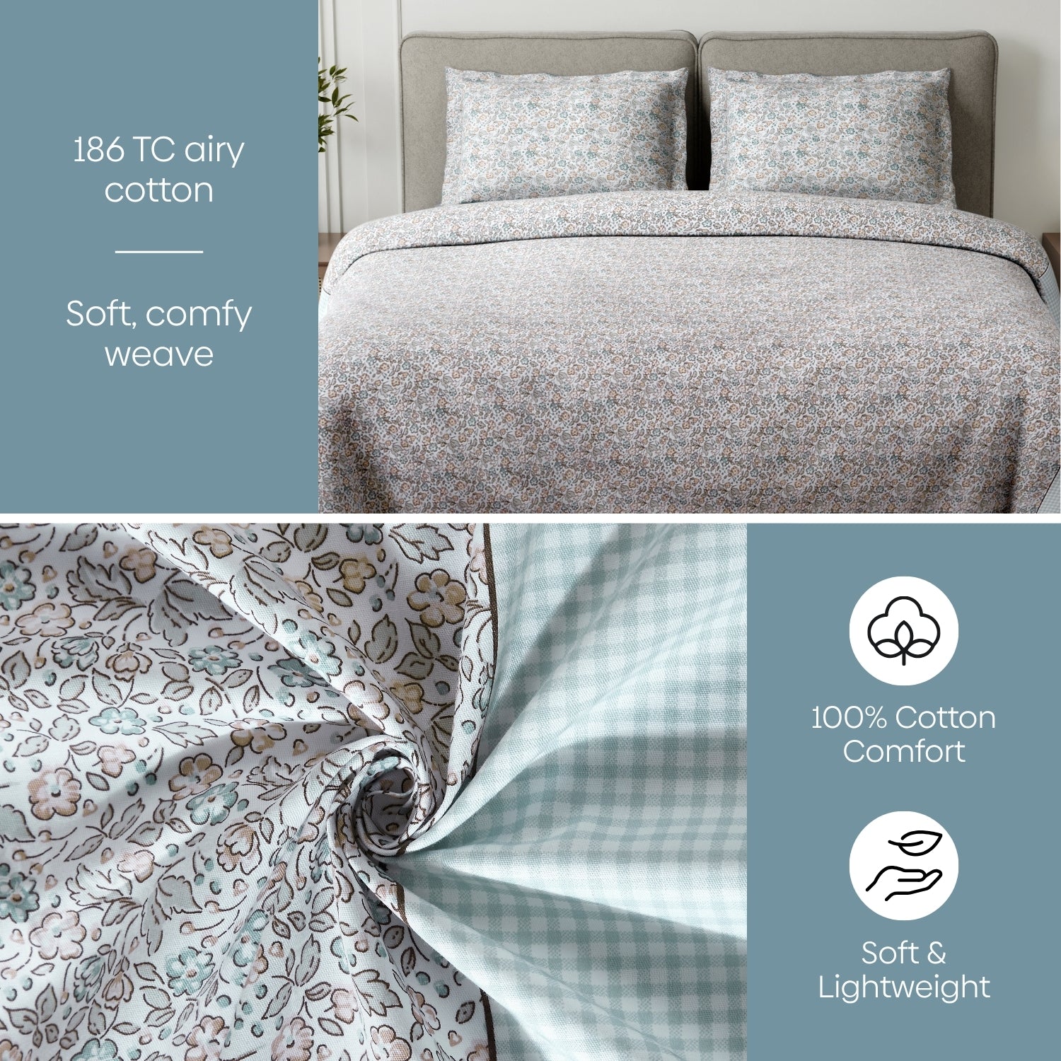 Cottage Calico 100% Cotton Double Flat Bedsheet, Pale Peach - 186 TC - Bedsheets | haus & kinder
