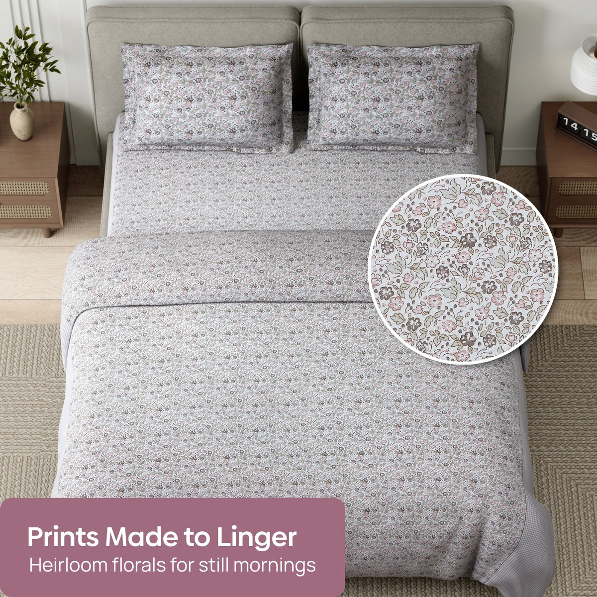 Cottage Calico 100% Cotton Double Flat Bedsheet, Muted Terracotta - 186 TC - Bedsheets | haus & kinder