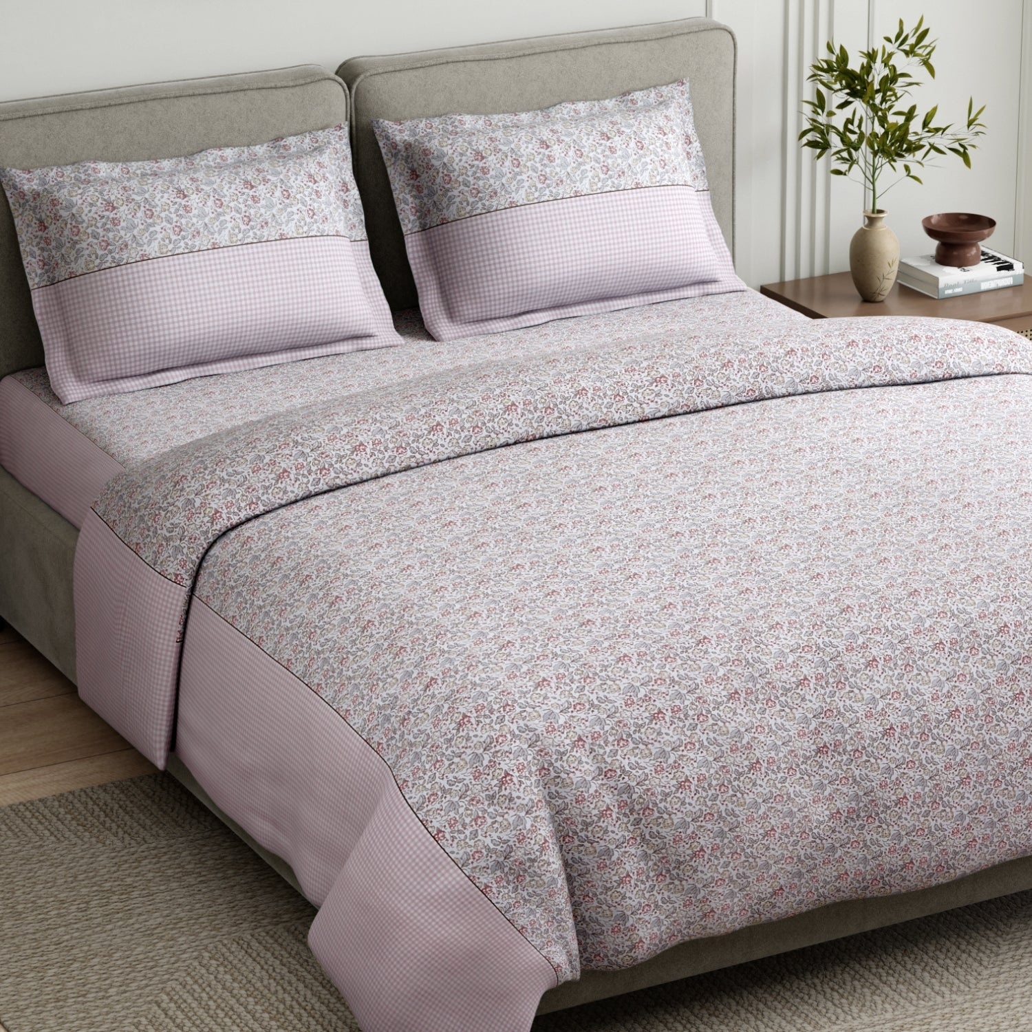 Cottage Calico 100% Cotton Double Flat Bedsheet, Icy Pink - 186 TC - Bedsheets | haus & kinder