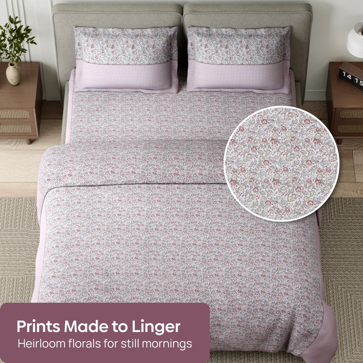Cottage Calico 100% Cotton Double Flat Bedsheet, Icy Pink - 186 TC - Bedsheets | haus & kinder
