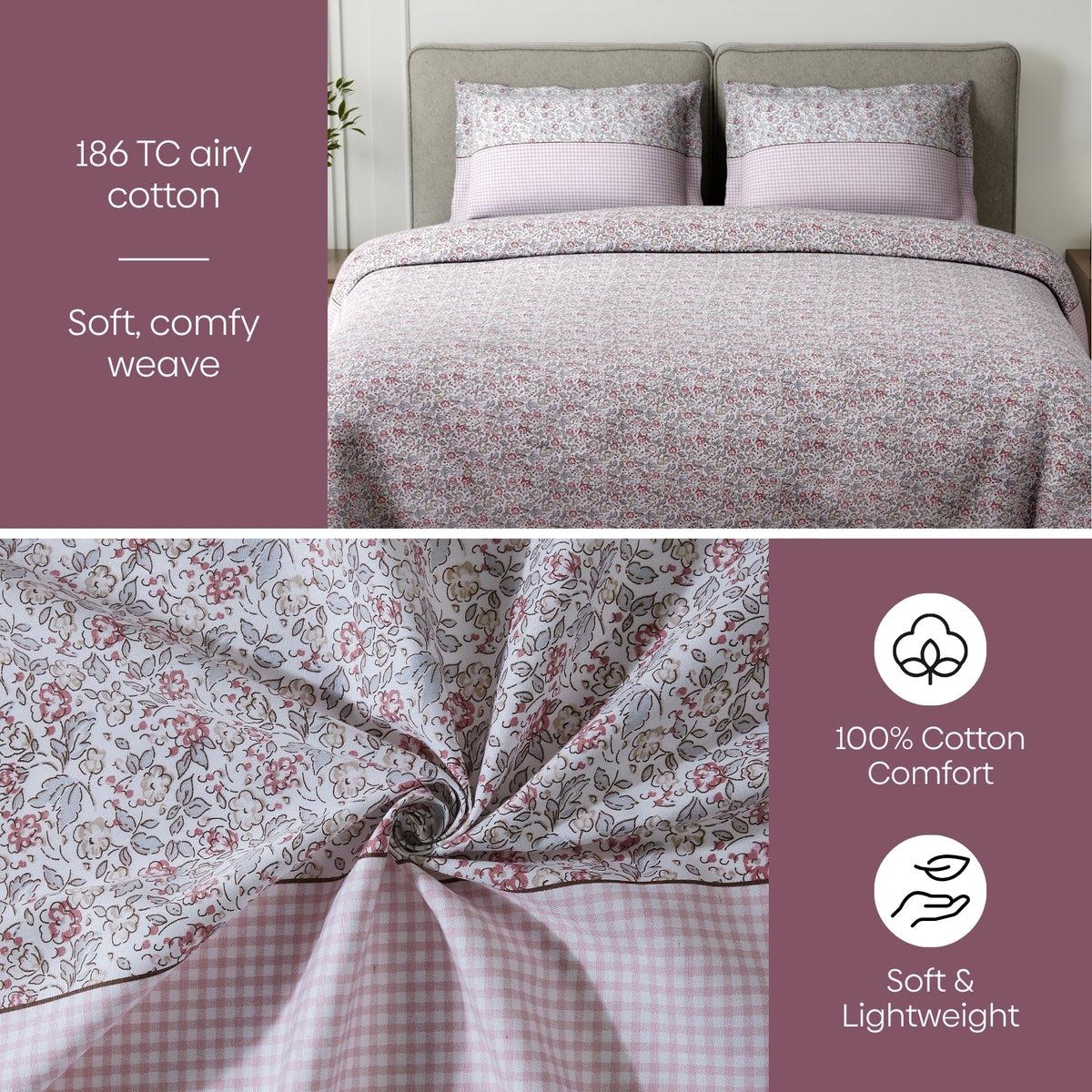 Cottage Calico 100% Cotton Double Flat Bedsheet, Icy Pink - 186 TC - Bedsheets | haus & kinder