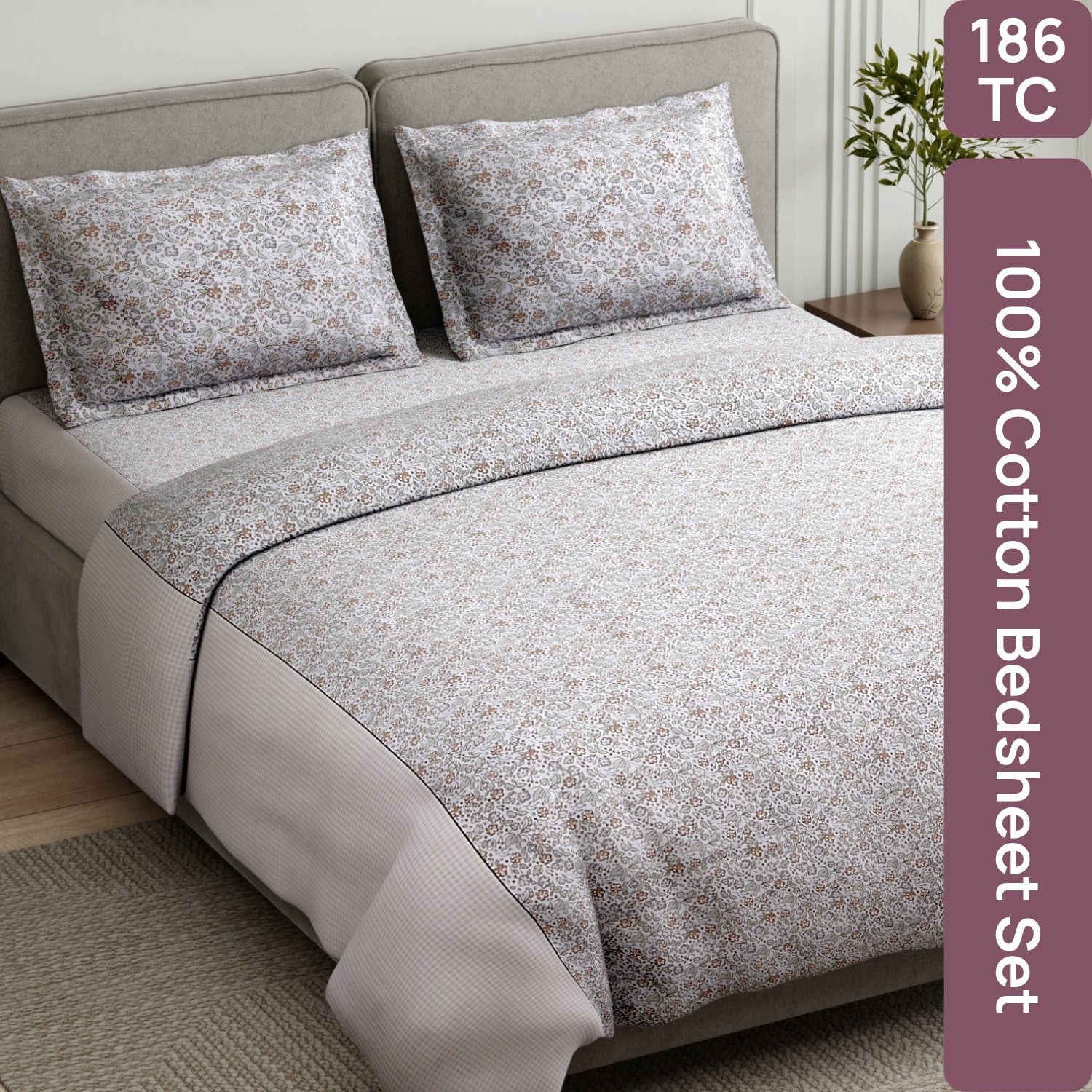Cottage Calico 100% Cotton Double Flat Bedsheet, Mocha Mousse - 186 TC - Bedsheets | haus & kinder