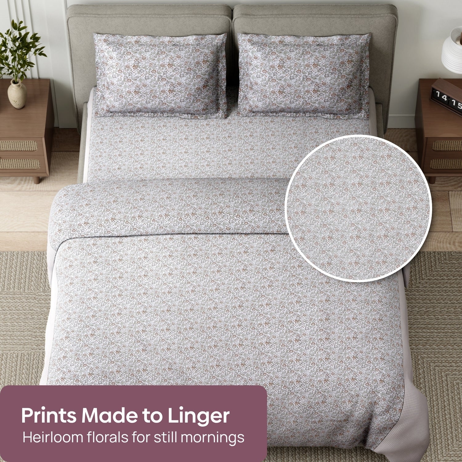 Cottage Calico 100% Cotton Double Flat Bedsheet, Mocha Mousse - 186 TC - Bedsheets | haus & kinder