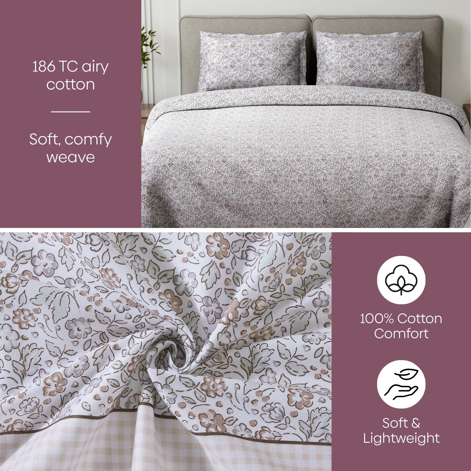 Cottage Calico 100% Cotton Double Flat Bedsheet, Mocha Mousse - 186 TC - Bedsheets | haus & kinder