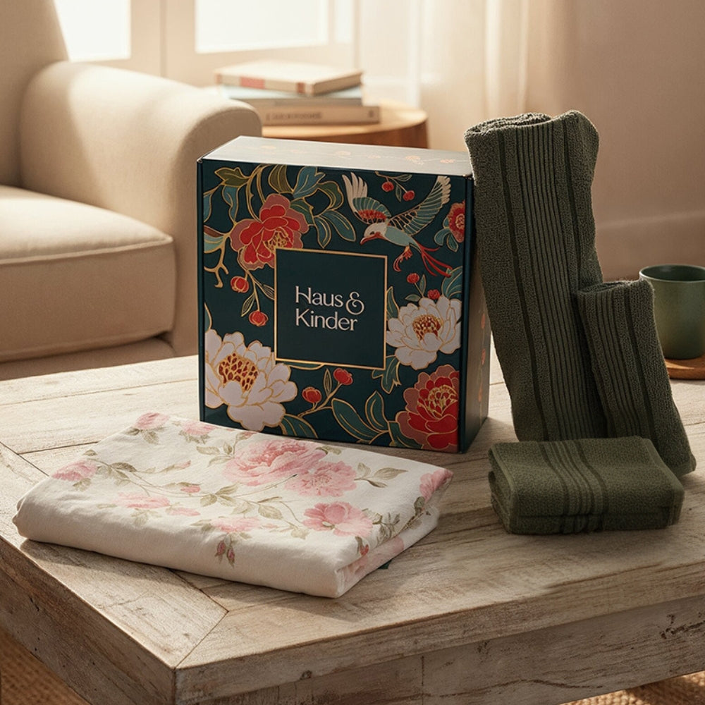 Celebration Gift Set of 7- Bed Sheet & Towel Set, Pink