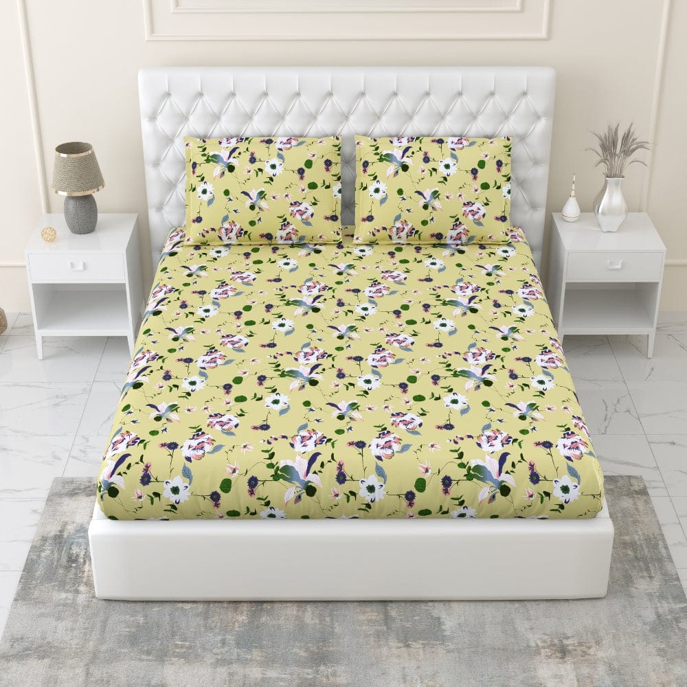 Bold Floral 100% Cotton Double Fitted Bedsheet, 144 TC