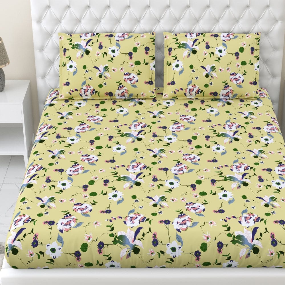 Bold Floral 100% Cotton Double Fitted Bedsheet, 144 TC