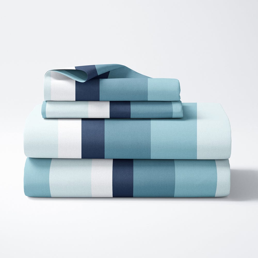 Coastal Stripes Navy 100% Cotton Double Fitted Bedsheet, 186 TC