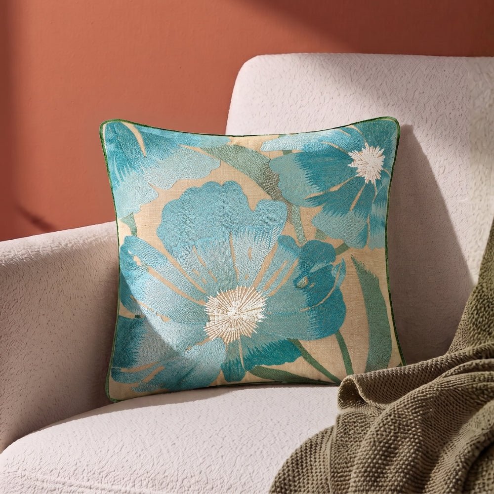 Botanical Bloom Embroidered Cushion Cover Pack of 1, Teal - Cushion Covers | haus & kinder