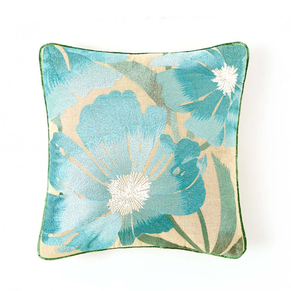 Botanical Bloom Embroidered Cushion Cover Pack of 1, Teal - Cushion Covers | haus & kinder