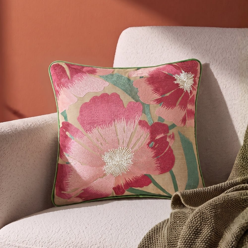 Botanical Bloom Embroidered Cushion Cover Pack of 1, Pink - Cushion Covers | haus & kinder