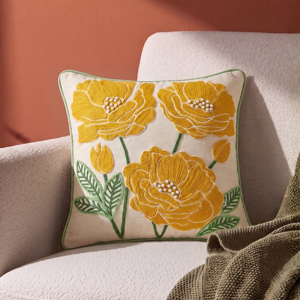 Bloom Floral Embroidered Cushion Cover Pack of 1, Mustard - Cushion Covers | haus & kinder