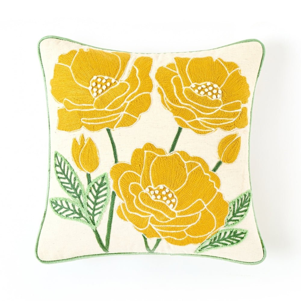 Bloom Floral Embroidered Cushion Cover Pack of 1, Mustard - Cushion Covers | haus & kinder