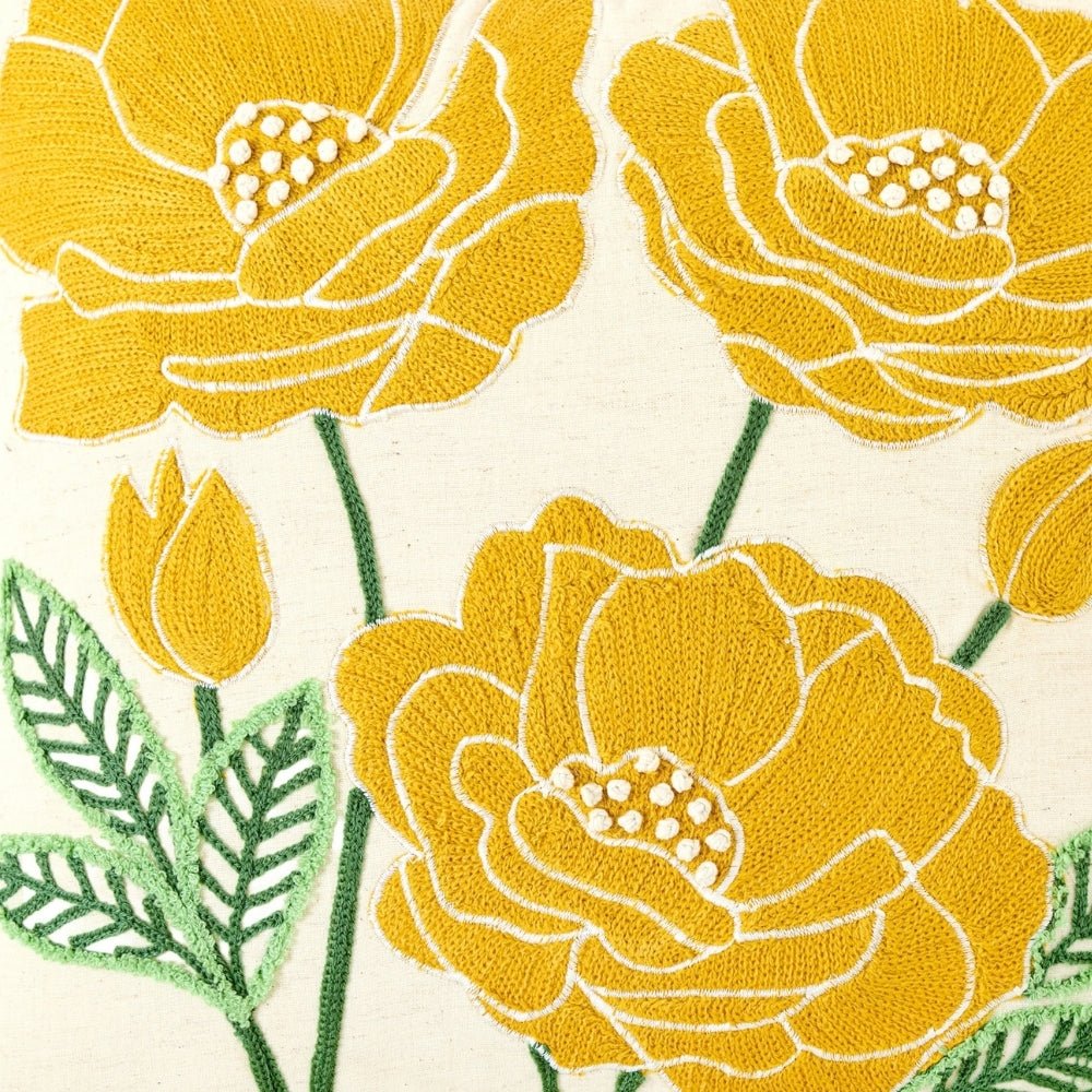 Bloom Floral Embroidered Cushion Cover Pack of 1, Mustard - Cushion Covers | haus & kinder