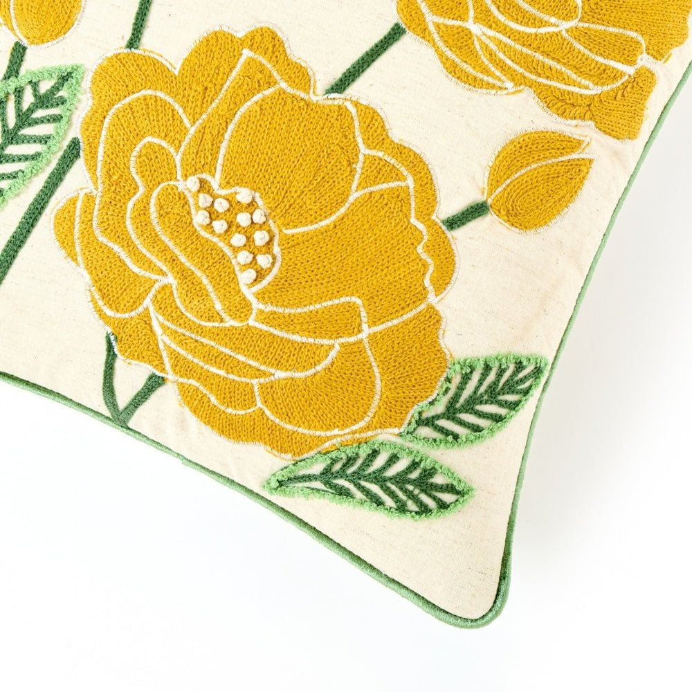 Bloom Floral Embroidered Cushion Cover Pack of 1, Mustard - Cushion Covers | haus & kinder