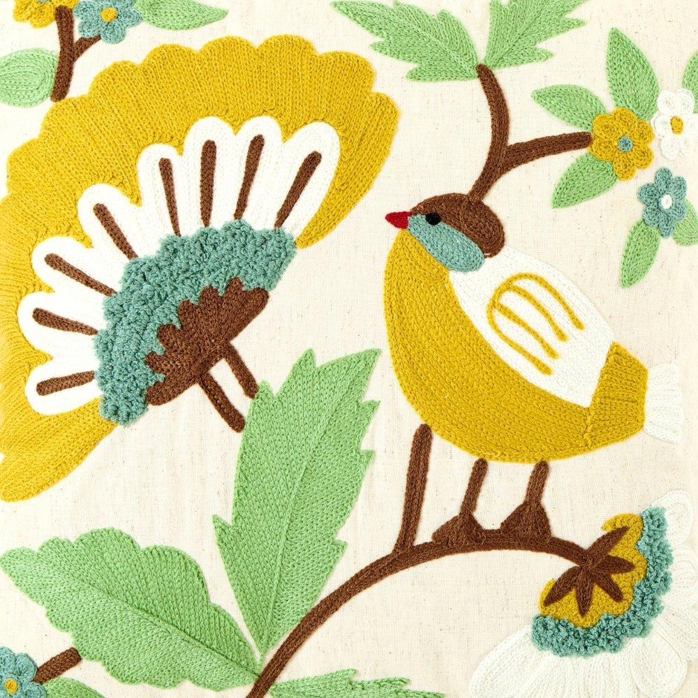 Bird & Bloom Embroidered Cushion Cover Pack of 1, Mustard - Cushion Covers | haus & kinder