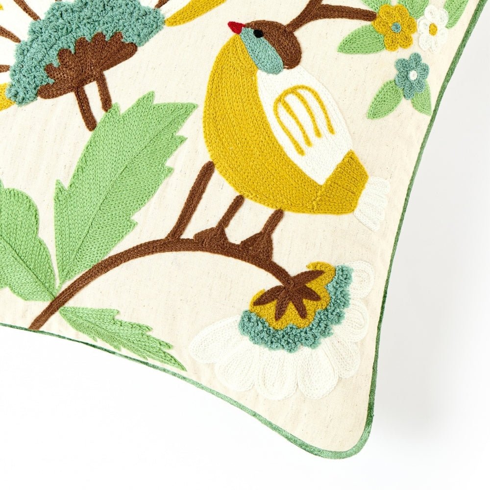 Bird & Bloom Embroidered Cushion Cover Pack of 1, Mustard - Cushion Covers | haus & kinder