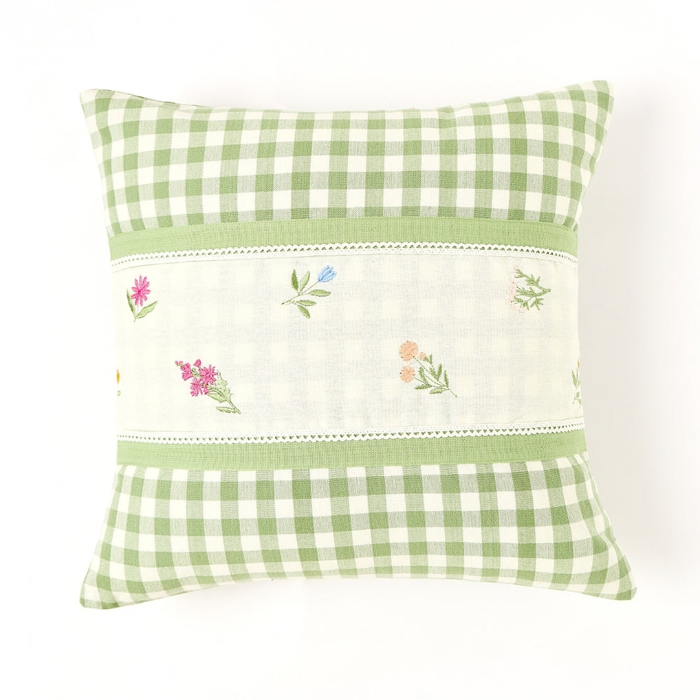 Petal Plaids Embroidered 100% Cotton Cushion Cover, Pack of 3