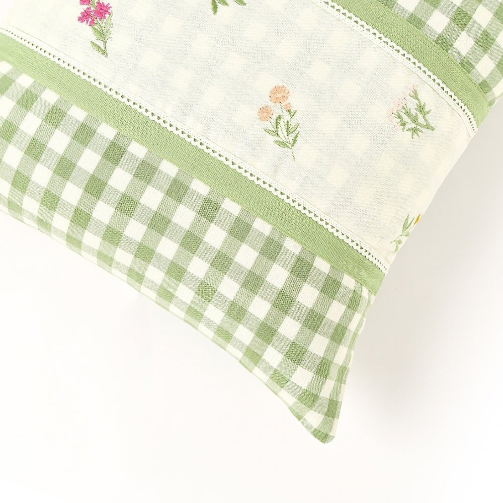 Petal Plaids Embroidered 100% Cotton Cushion Cover, Pack of 3 - Cushion Covers | haus & kinder
