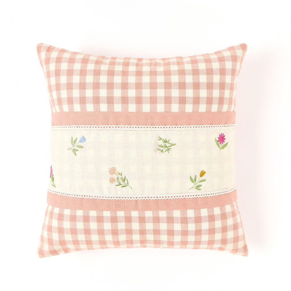 Petal Plaids Embroidered 100% Cotton Cushion Cover, Pack of 3