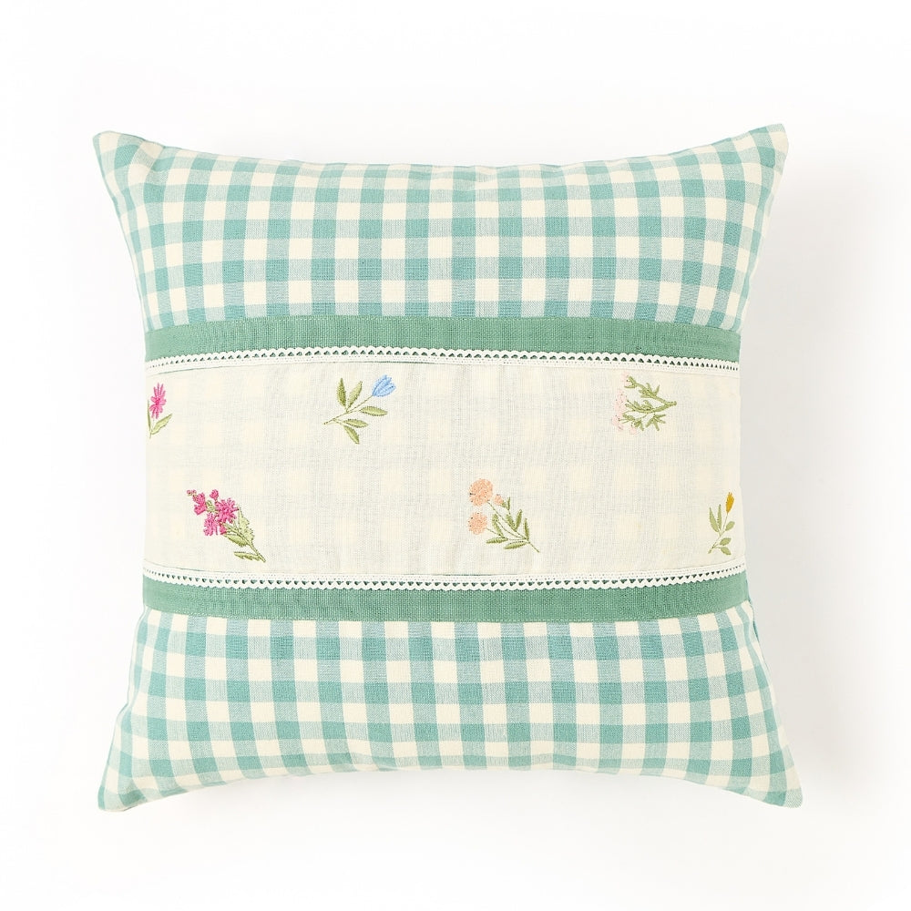 Petal Plaids Embroidered 100% Cotton Cushion Cover, Pack of 3