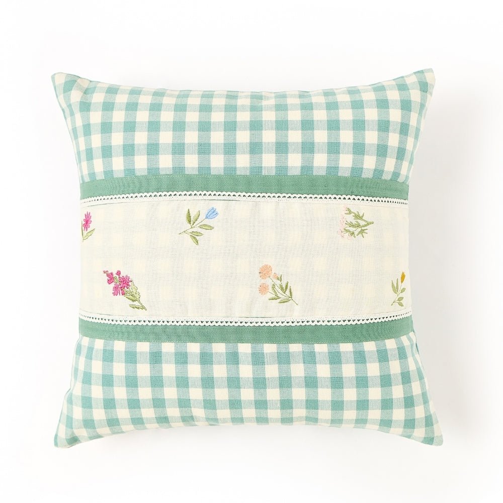 Petal Plaids Embroidered 100% Cotton Cushion Cover, Pack of 3 - Cushion Covers | haus & kinder