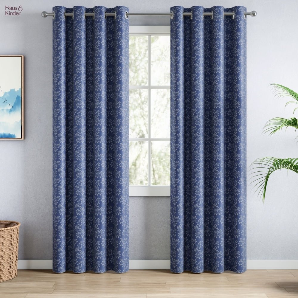 Blackout Solid With Embossed Design Elysian Bloom Pack Of 2 Curtain, Navy - Blackout Curtains | haus & kinder