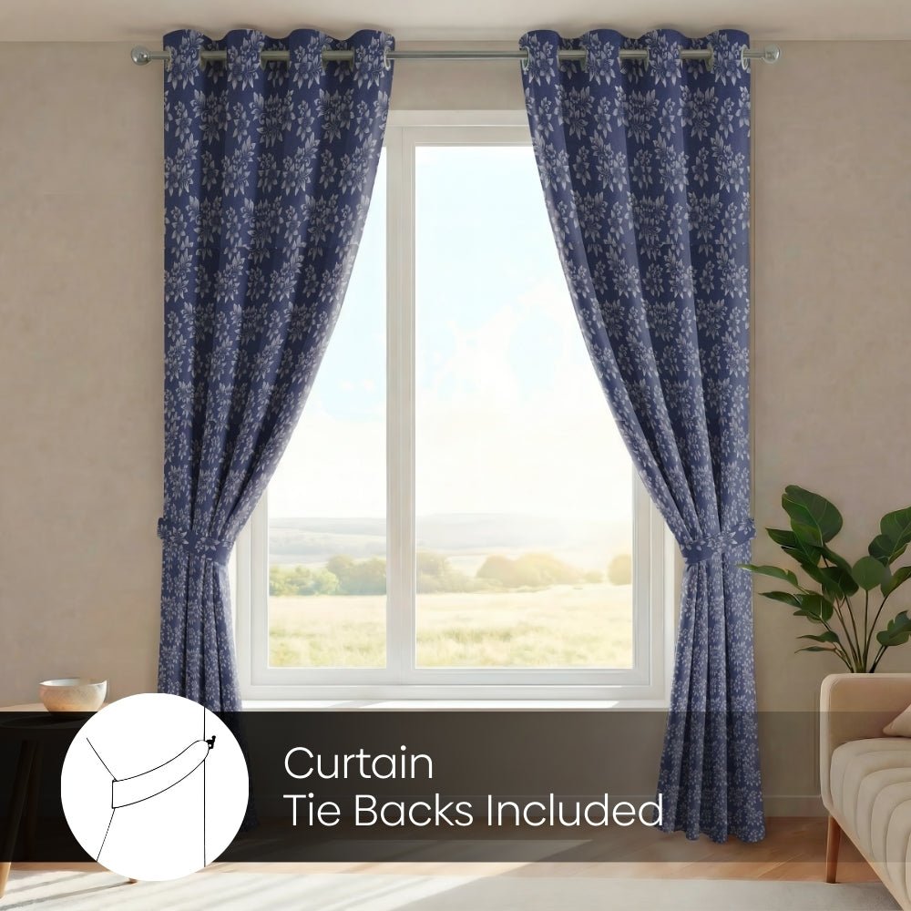 Blackout Solid With Embossed Design Elysian Bloom Pack Of 2 Curtain, Navy - Blackout Curtains | haus & kinder