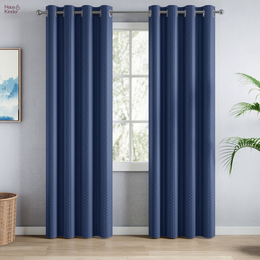 Blackout Solid With Embossed Design Cordova Pack Of 2 Curtain, Navy - Blackout Curtains | haus & kinder