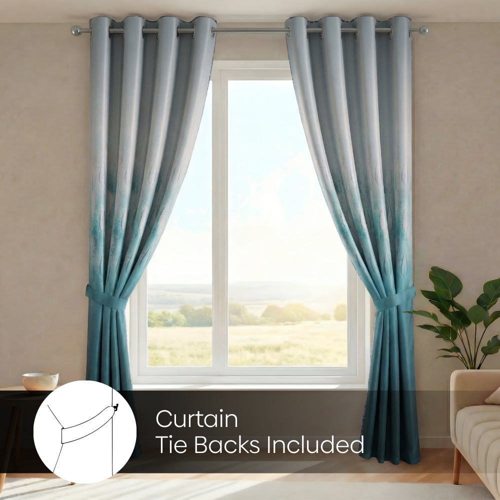 Blackout Panel Digital Printed Pack Of 2 Curtain, Turquoise