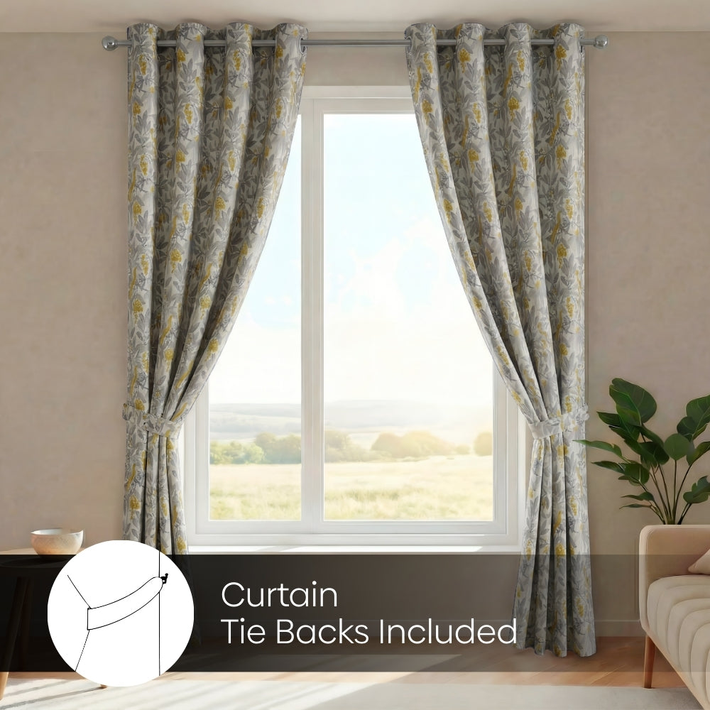 Blackout Digital Printed Pack Of 2 Curtain Amber Aviary, Grey